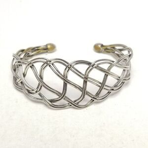 Vintage Braided Wire Silver Tone Cuff Bangle Bracelet, Wide Design, Estate